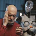 Caring ai robot giving medicines to a senior man